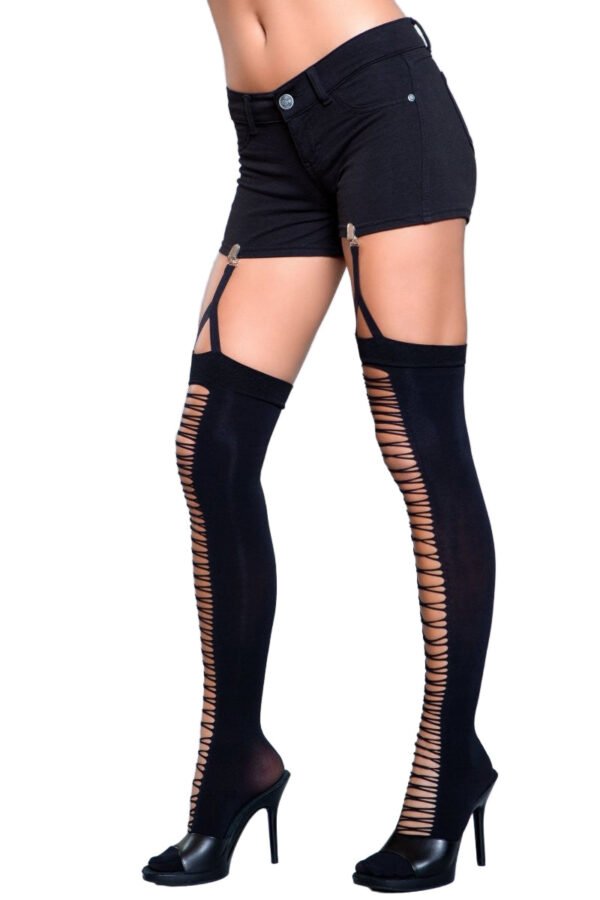 Illusion Clip Garter Thigh Highs 6 Illusion Clip Garter Thigh Highs Illusion Clip Garter Thigh Highs black ladder front stockings attached to garter clips with black shorts