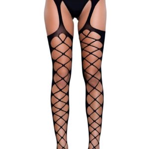 In Your Mind Thigh Highs black lattice fishnet thigh highs with attached garter belt on model