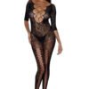 Model wearing LuckeLadybug LLC black lace fire and desire bodystocking with crisscross chest and fishnet legs