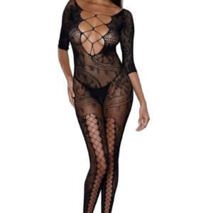 Model wearing LuckeLadybug LLC black lace fire and desire bodystocking with crisscross chest and fishnet legs