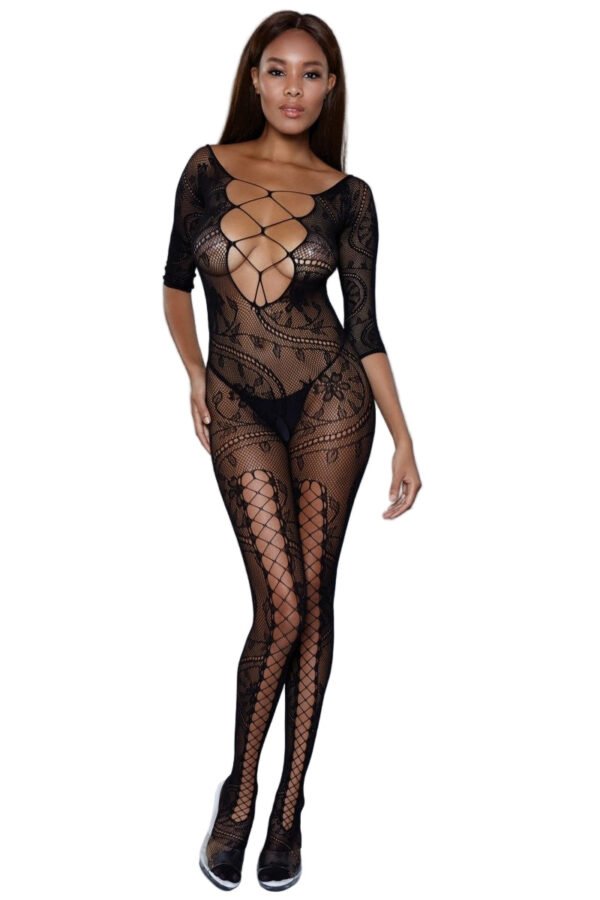 Fire And Desire Bodystocking Sheer Lace 1 Fire And Desire Bodystocking Sheer Lace Model wearing LuckeLadybug LLC black lace fire and desire bodystocking with crisscross chest and fishnet legs