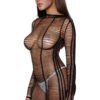 LuckeLadybug LLC sheer mesh bodysuit for women black long sleeve striped mini bodystocking