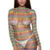 LuckeLadybug LLC rainbow striped long sleeve sheer mesh bodysuit for women styled as mini dress over white bikini