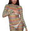LuckeLadybug LLC rainbow striped sheer mesh bodysuit for women long sleeve mini with white bikini briefs visible