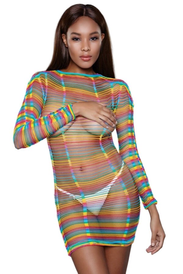 LuckeLadybug LLC rainbow striped sheer mesh bodysuit for women long sleeve mini with white bikini briefs visible