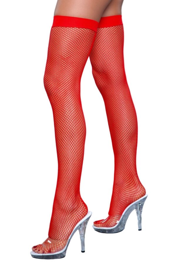 Great Catch Thigh Highs Black Fishnet 23 Great Catch Thigh Highs Black Fishnet Great Catch Thigh Highs red fishnet thigh high stockings on model legs with elastic top band and clear platform heels