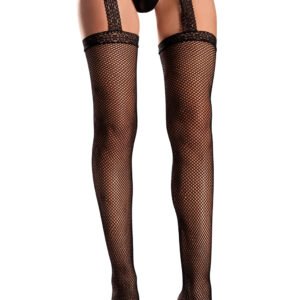 Black fishnet thigh high stockings with lace top and garter belt by LuckeLadybug LLC