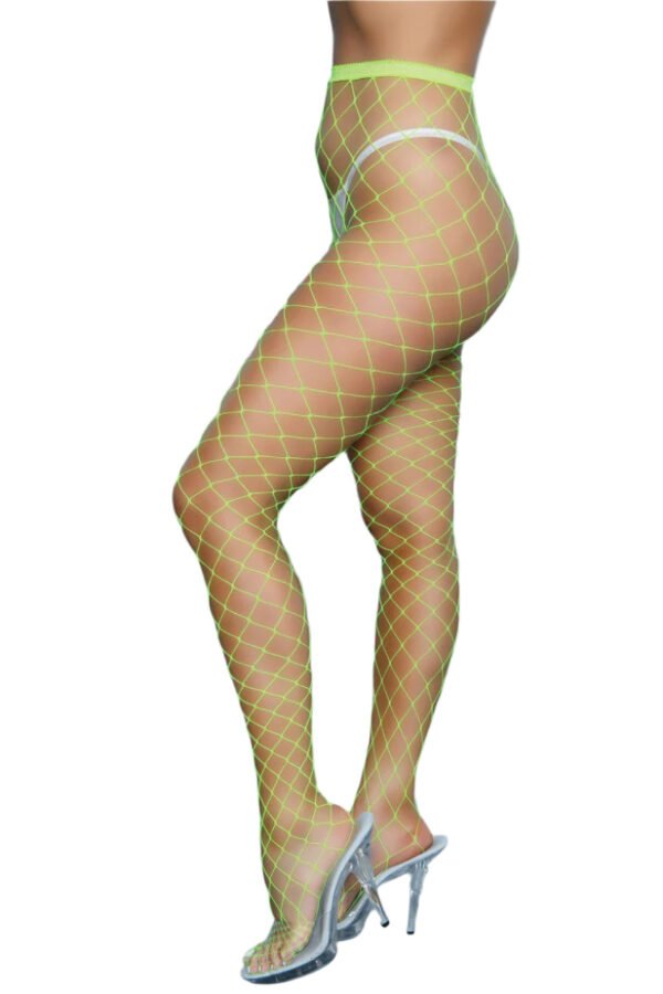 Bold Fashion Pantyhose Fishnet Hosiery 11 Bold Fashion Pantyhose Fishnet Hosiery LuckeLadybug LLC bold fashion pantyhose in neon green fishnet style worn with clear high heel shoes