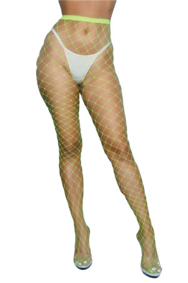 Bold Fashion Pantyhose Fishnet Hosiery 4 Bold Fashion Pantyhose Fishnet Hosiery LuckeLadybug LLC neon green bold fashion pantyhose fishnet style on model legs with clear heels