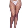LuckeLadybug LLC bold fashion pantyhose purple fishnet hosiery on model legs with white underwear