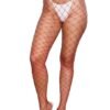LuckeLadybug LLC red fishnet bold fashion pantyhose worn with white underwear and clear high heels