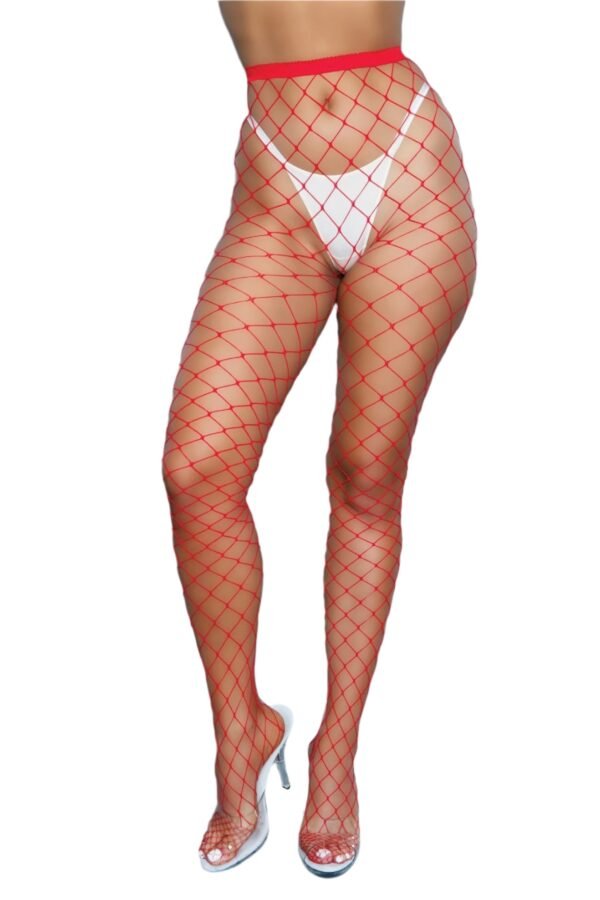 Bold Fashion Pantyhose Fishnet Hosiery 6 Bold Fashion Pantyhose Fishnet Hosiery LuckeLadybug LLC red fishnet bold fashion pantyhose worn with white underwear and clear high heels
