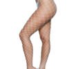 LuckeLadybug LLC bold fashion pantyhose white fishnet style on model wearing clear high heels