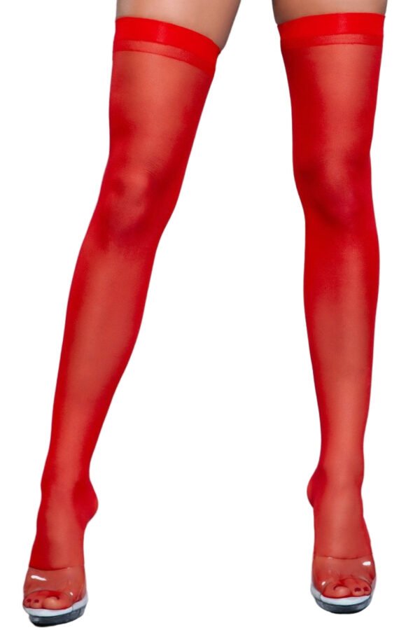 Best Behavior Thigh Highs Stay-Up Black 3 Best Behavior Thigh Highs Stay-Up Black LuckeLadybug Best Behavior Thigh Highs sheer red thigh highs on model legs with clear heels
