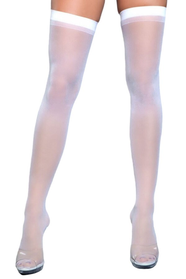 Best Behavior Thigh Highs Stay-Up Black 4 Best Behavior Thigh Highs Stay-Up Black LuckeLadybug Best Behavior Thigh Highs sheer white stockings with wide elastic top band on model legs