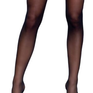 LuckeLadybug Best Behavior Thigh Highs black sheer stockings with wide silicone cuff on model legs in open toe heels