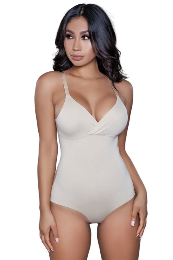 Smoothing Waist Shaping Bodysuit For Women 4 Smoothing Waist Shaping Bodysuit For Women LuckeLadybug LLC waist shaping bodysuit for women in nude with adjustable straps V neck seamless shaping and tummy control