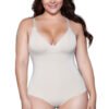 LuckeLadybug nude waist shaping bodysuit for women on plus size model V neck adjustable straps