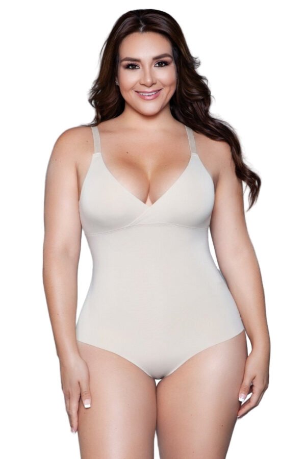 Smoothing Waist Shaping Bodysuit For Women 3 Smoothing Waist Shaping Bodysuit For Women LuckeLadybug nude waist shaping bodysuit for women on plus size model V neck adjustable straps