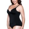Plus size model wearing LuckeLadybug LLC black waist shaping bodysuit for women with V neck and thin straps