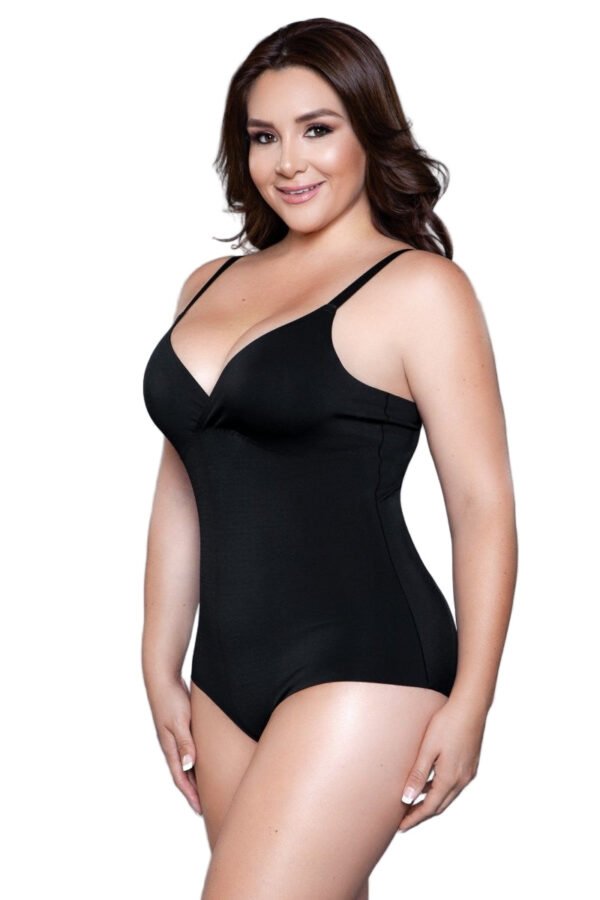 Smoothing Waist Shaping Bodysuit For Women 2 Smoothing Waist Shaping Bodysuit For Women Plus size model wearing LuckeLadybug LLC black waist shaping bodysuit for women with V neck and thin straps