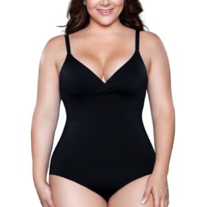 LuckeLadybug LLC model wearing black v neck waist shaping bodysuit for women with adjustable straps and seamless fit