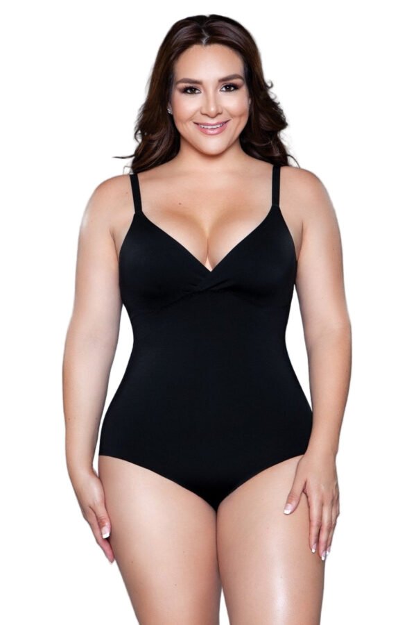 Smoothing Waist Shaping Bodysuit For Women 1 Smoothing Waist Shaping Bodysuit For Women LuckeLadybug LLC model wearing black v neck waist shaping bodysuit for women with adjustable straps and seamless fit