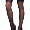 Black sheer lace top thigh highs on model wearing heels elegant thigh high hosiery for women