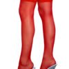 Red lace top thigh high hosiery for women shown on model legs with clear high heel sandals