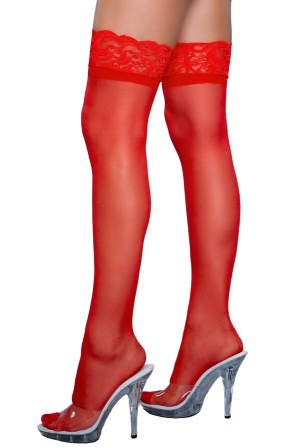 Thigh High Hosiery For Women With Lace Trim 18 Thigh High Hosiery For Women With Lace Trim Red lace top thigh high hosiery for women shown on model legs with clear high heel sandals