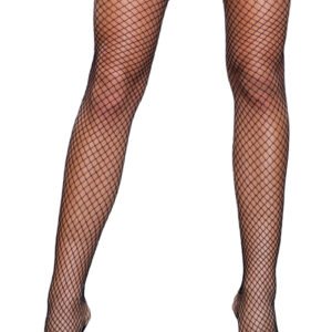 LuckeLadybug Lace Top Fishnet Thigh Highs black lace top fishnet thigh highs on model legs with open toe heels