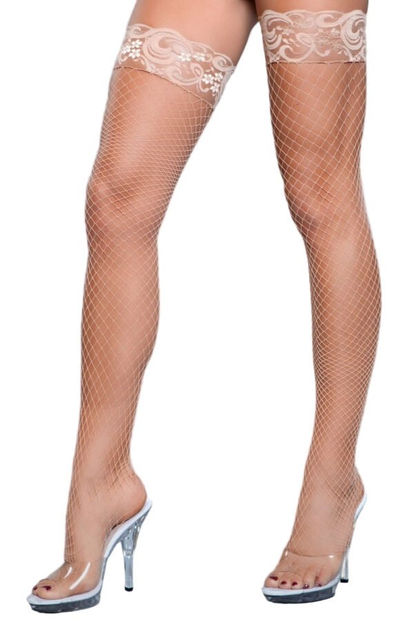 Lace Top Fishnet Thigh Highs Lace Cuff 17 Lace Top Fishnet Thigh Highs Lace Cuff Lace Top Fishnet Thigh Highs on model legs with floral lace band and clear stiletto heels