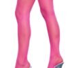 Nylon Fishnet Thigh Highs in bright pink by LuckeLadybug LLC shown on model with clear platform heels