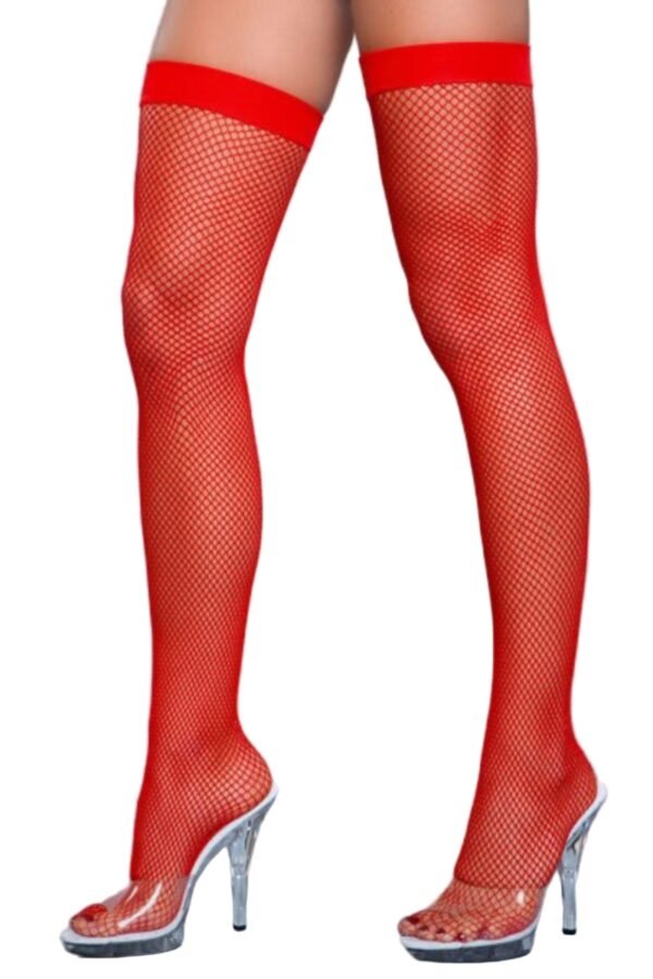 Nylon Fishnet Thigh Highs Stay-Up 44 Nylon Fishnet Thigh Highs Stay-Up Red Nylon Fishnet Thigh Highs by LuckeLadybug LLC on model legs with clear high heel sandals