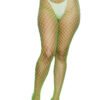 LuckeLadybug LLC neon green fishnet pantyhose for women styled with white underwear and clear heels