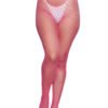 LuckeLadybug LLC pink fishnet pantyhose for women with large diamond pattern on model legs