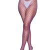 LuckeLadybug LLC purple fishnet pantyhose for women with large diamond pattern on model legs