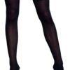 LuckeLadybug LLC black Opaque Nylon Thigh Highs on model legs with wide top band for secure stay