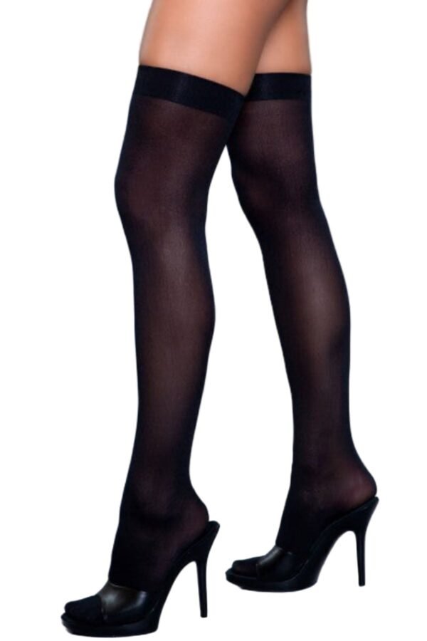 Opaque Nylon Thigh Highs Stay-Up Comfort 34 Opaque Nylon Thigh Highs Stay-Up Comfort LuckeLadybug LLC black Opaque Nylon Thigh Highs shown on model legs with open toe black high heels
