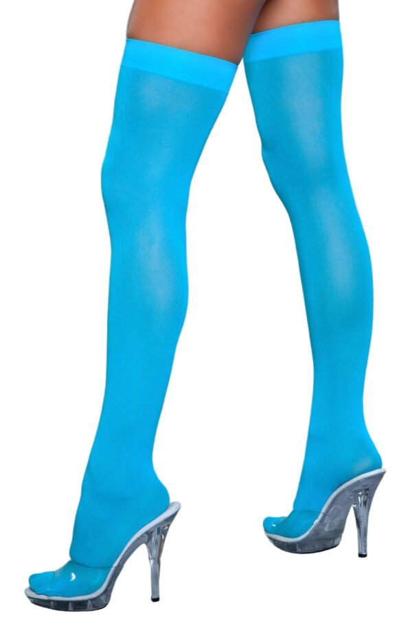 Opaque Nylon Thigh Highs Stay-Up Comfort 46 Opaque Nylon Thigh Highs Stay-Up Comfort LuckeLadybug LLC Opaque Nylon Thigh Highs in bright turquoise blue on model legs with clear platform heels