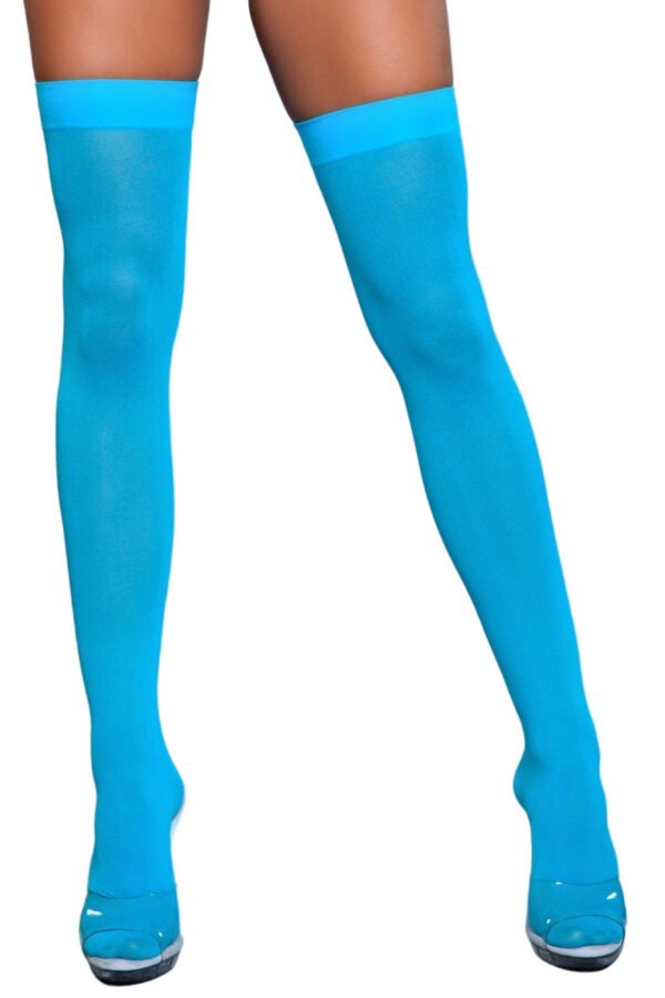 Opaque Nylon Thigh Highs Stay-Up Comfort 45 Opaque Nylon Thigh Highs Stay-Up Comfort LuckeLadybug LLC Opaque Nylon Thigh Highs in bright aqua blue on model wearing over the knee hosiery