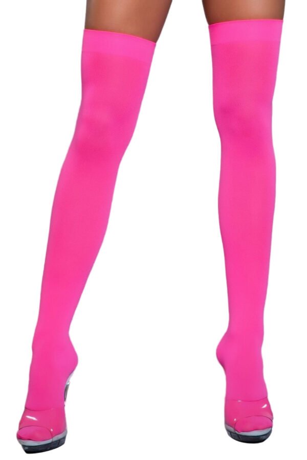 Opaque Nylon Thigh Highs Stay-Up Comfort 37 Opaque Nylon Thigh Highs Stay-Up Comfort LuckeLadybug LLC Opaque Nylon Thigh Highs neon pink stretch fit over the knee for party costume and clubwear