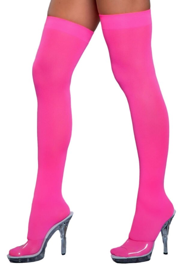 Opaque Nylon Thigh Highs Stay-Up Comfort 38 Opaque Nylon Thigh Highs Stay-Up Comfort LuckeLadybug LLC Opaque Nylon Thigh Highs in bright hot pink shown on model legs with clear platform heels
