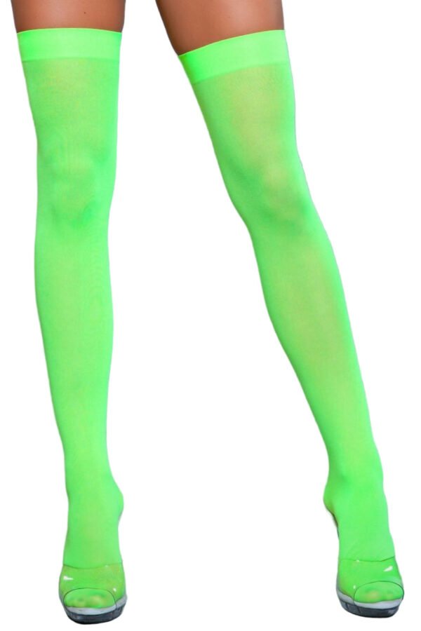 Opaque Nylon Thigh Highs Stay-Up Comfort 35 Opaque Nylon Thigh Highs Stay-Up Comfort LuckeLadybug LLC neon green Opaque Nylon Thigh Highs on model legs with wide elastic band for clubwear