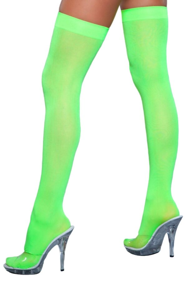 Opaque Nylon Thigh Highs Stay-Up Comfort 36 Opaque Nylon Thigh Highs Stay-Up Comfort LuckeLadybug LLC neon green Opaque Nylon Thigh Highs on model legs with wide top band and clear platform heels