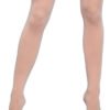 LuckeLadybug LLC Opaque Nylon Thigh Highs in nude beige shown on model legs with clear heels