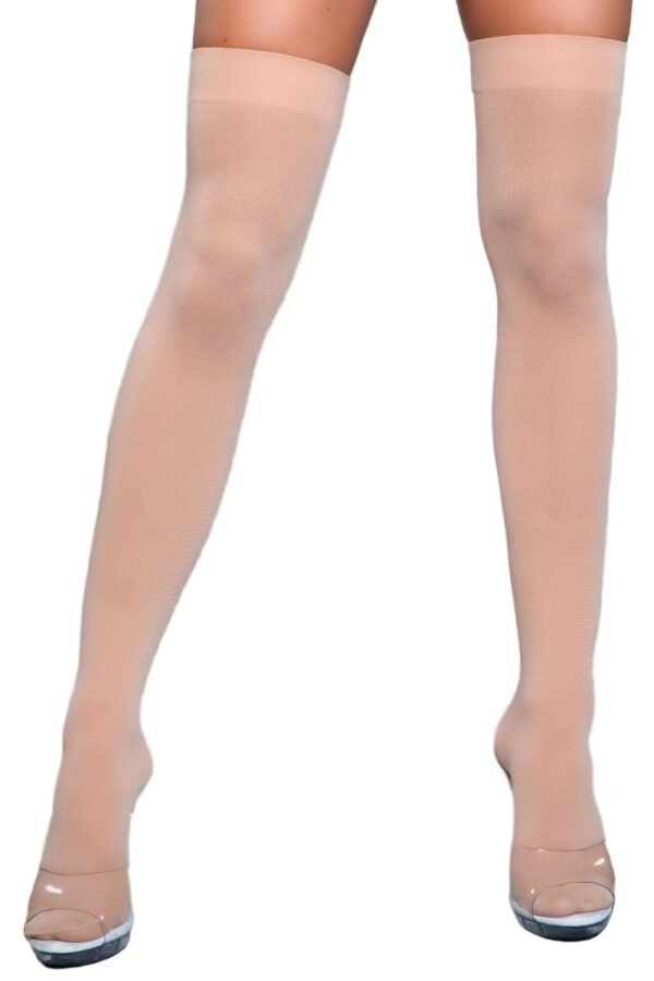 Opaque Nylon Thigh Highs Stay-Up Comfort 39 Opaque Nylon Thigh Highs Stay-Up Comfort LuckeLadybug LLC Opaque Nylon Thigh Highs in nude beige shown on model legs with clear heels