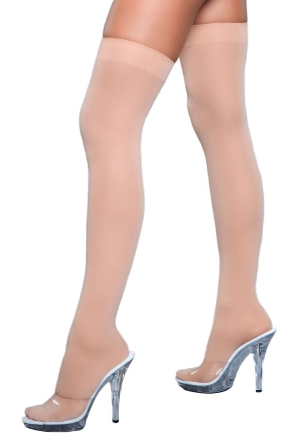 Opaque Nylon Thigh Highs Stay-Up Comfort 40 Opaque Nylon Thigh Highs Stay-Up Comfort LuckeLadybug LLC beige model wearing Opaque Nylon Thigh Highs sheer finish with clear high heel sandals