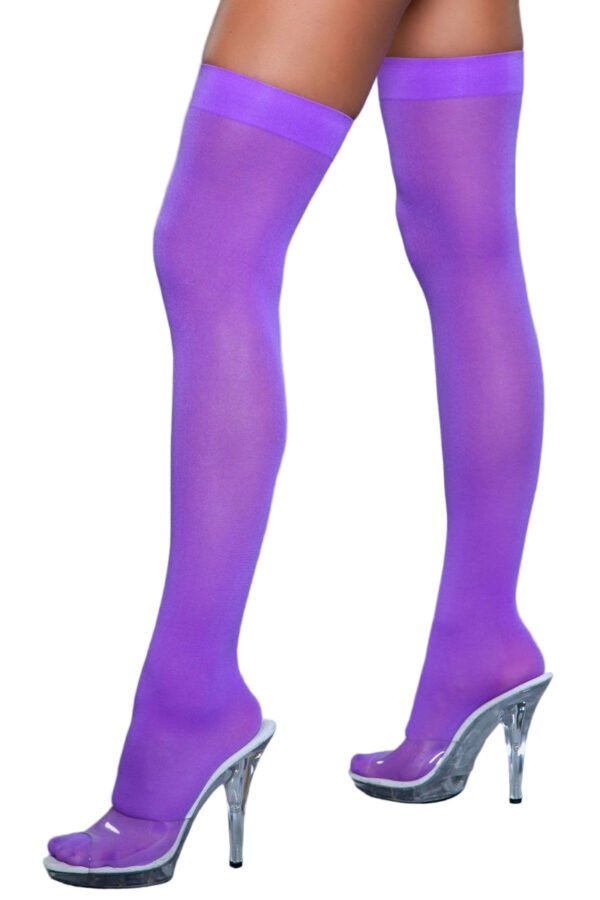 Opaque Nylon Thigh Highs Stay-Up Comfort 42 Opaque Nylon Thigh Highs Stay-Up Comfort Opaque Nylon Thigh Highs purple stockings on model legs with wide top band and clear platform heels