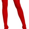LuckeLadybug LLC red Opaque Nylon Thigh Highs on model legs with wide silicone top band and high heels